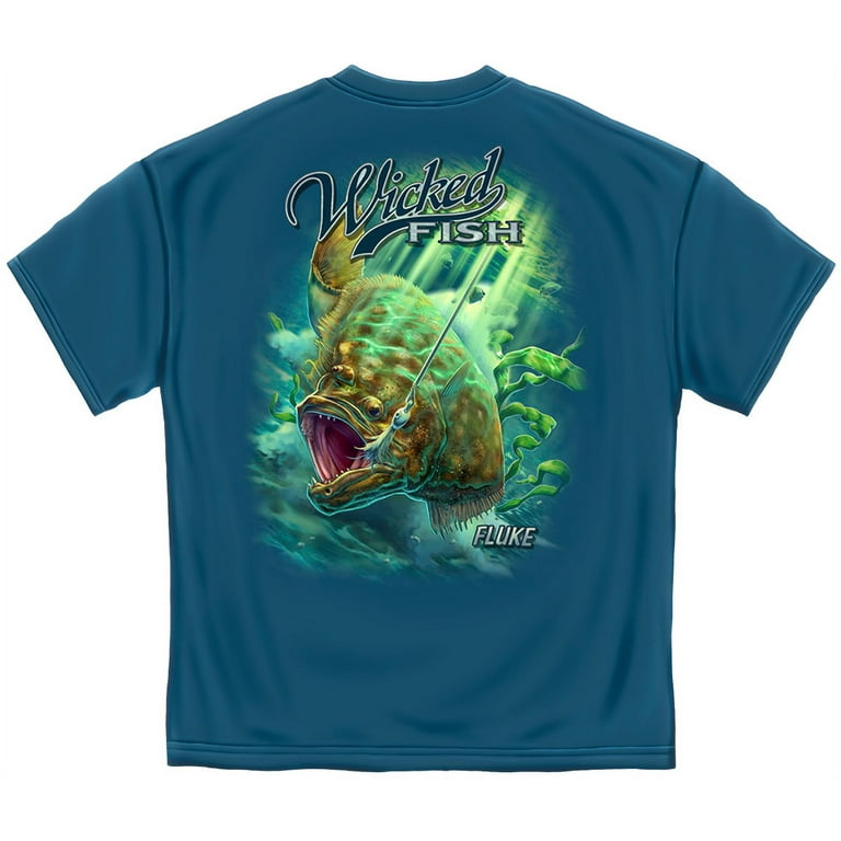 Fishing T-Shirt Wicked Fish Fighting Buck Tail Fluke Lure Indigo Blue 
