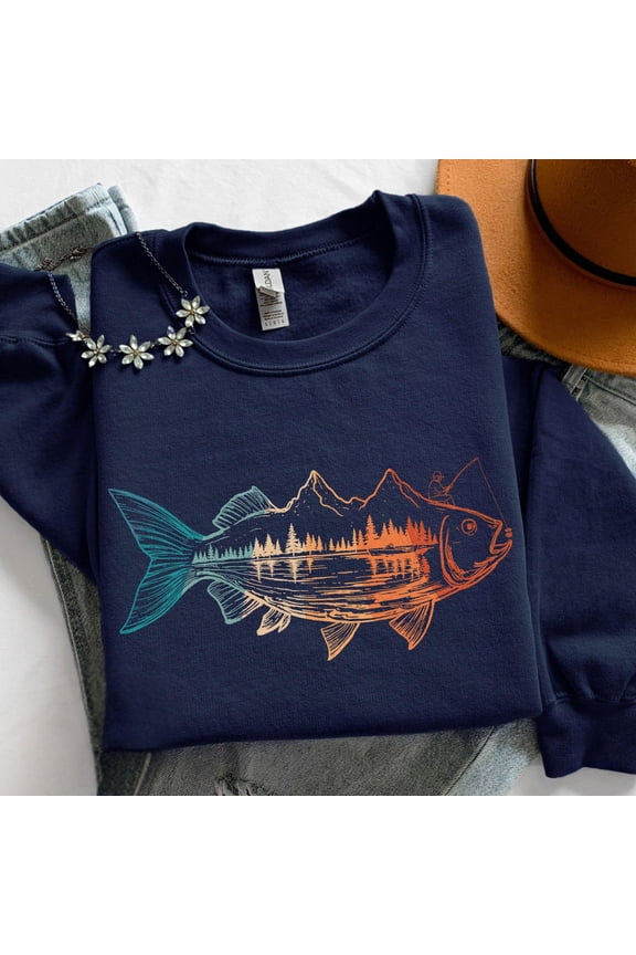 Fishing TShirt Mountain Fish Graphic Shirt Outdoor Angler Shirt Lake Life Nature Shirt Bas