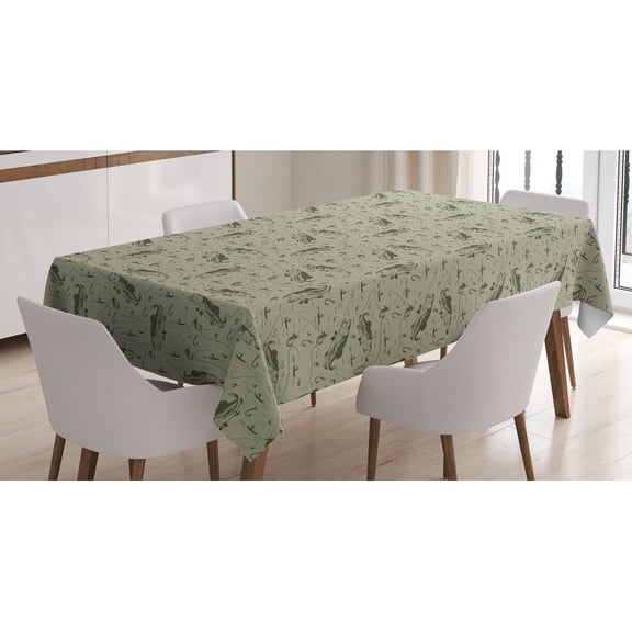 Fishing Tablecloth, Hobby Concept Pattern with Fisherman on Boat Catching Trouts with Rot and Hook, Rectangle Satin Table Cover for Dining Room and Kitchen, 60" X 90", Dusk Army Green, by Ambesonne