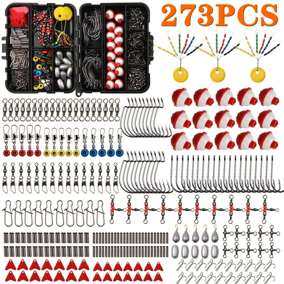 Fishing Tackle Accessories Box Kit, 273pcs Fishing Bobbers(0.5in) Sinker Weights, Crossline Barrel Swivel, Swivel Snap, Hooks, Sinker Slides, Fishing Bead with Tackle Box