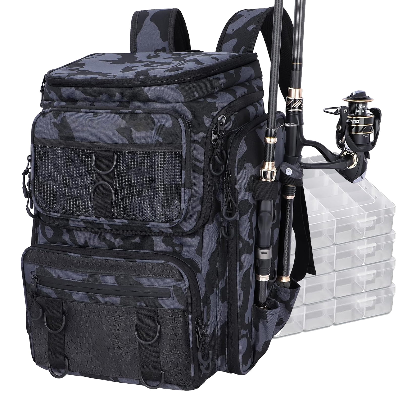 Fishing Tackle Backpack with Rod Holders, 42L Large Water-Resistant Outdoor Fishing Bag Storage with 4 Trays Tackle Boxes, Fishing Gear for Fishing, Camping, Hiking, Fishing Gifts for Men Father