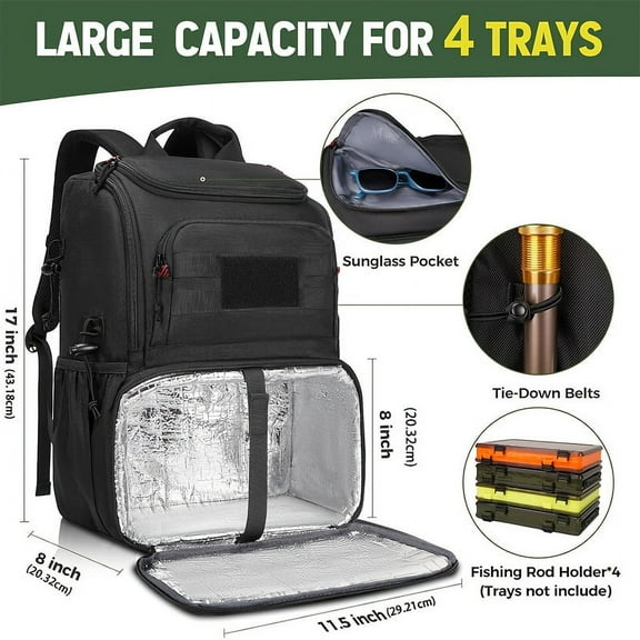 Fishing Tackle Backpack with Cooler & Rod Holders - Large Storage for Gear - Includes Trays - Perfect Gift for Anglers - Black