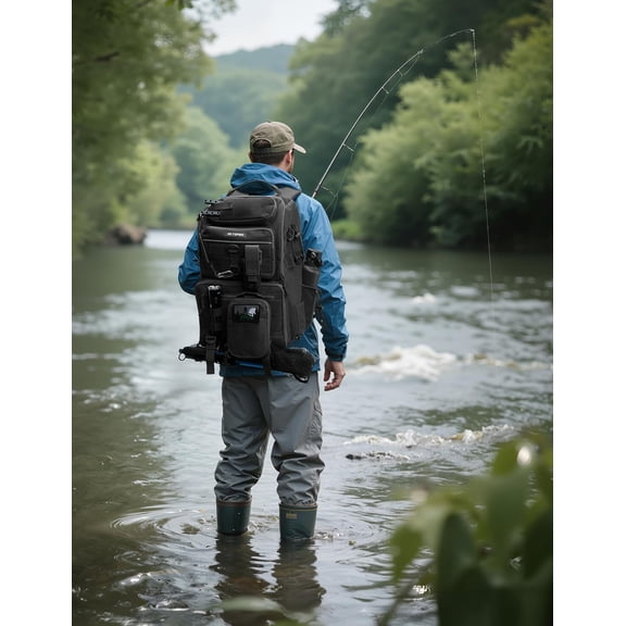 Fishing Tackle Backpack with Rod Holder, 40L Storage Bag for Fishing Gear Equipment (Black)