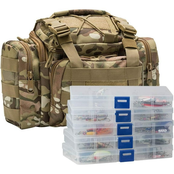 Fishing Tackle Bag 5 Boxes with 60 Lures Included Loaded Stocked Tackle Box Set Spinner Lures Kit Freshwater Gear Equipment