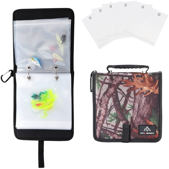 Fishing Tackle Binder Lure Biat Organized Storage Bag for Soft Worms Rigs Jigs and Lines Fishing Tackle Wallet Case with 15+5pcs Transparent Thickened Ziplock Bag (Tree Camouflage)
