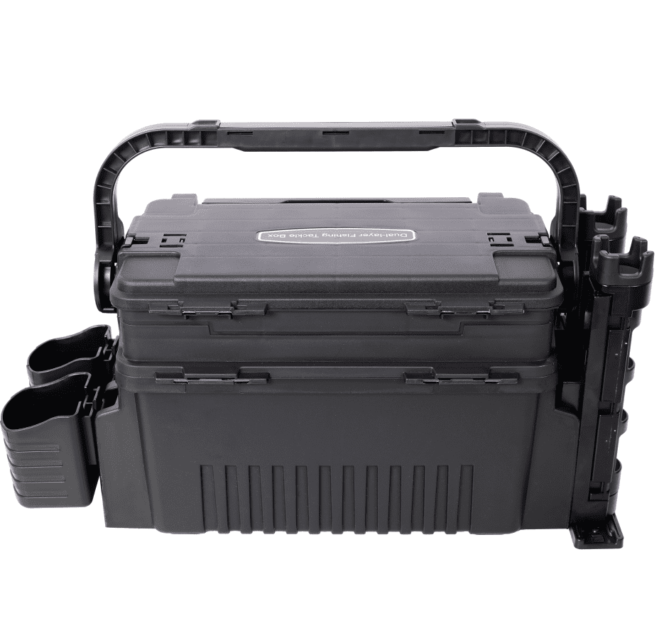 Fishing Tackle Box Dual Layer Large Organizer with Rod Cup Holders Black