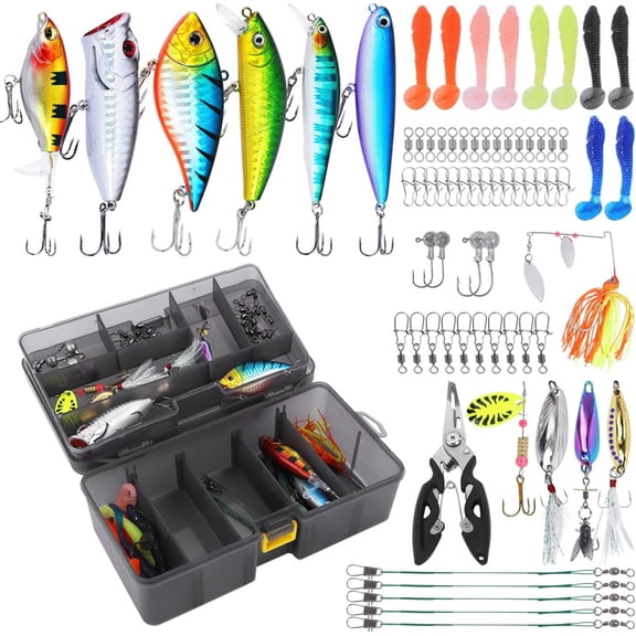 Fishing Tackle Box with Fishing Lures,Fishing Gifts for Men,Trout Fishing Lures Kit-Pliers,Topwater Lures,Hooks,Fishing Swivel,Spinnerbaits,Saltwater & Freshwater Fishing Gear and Equipment