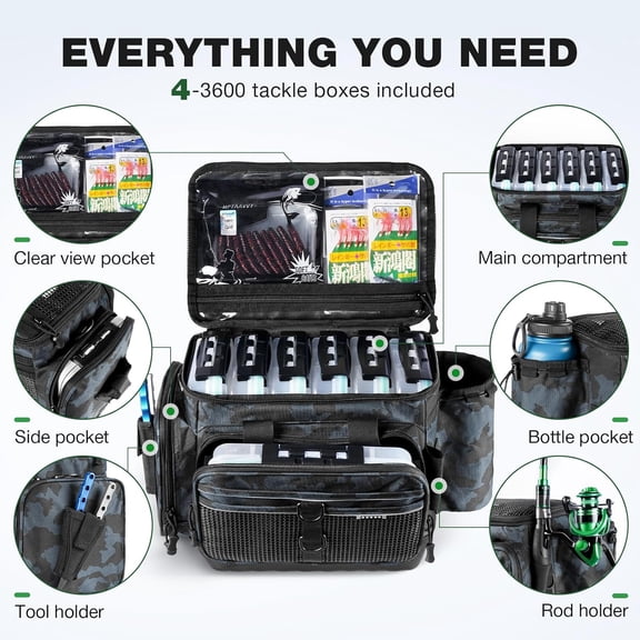 Fishing Tackle Box Organizer with 4 Waterproof Trays and Rod Holder for Lures