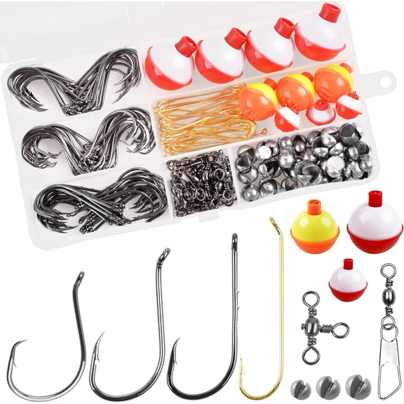 Fishing Tackle Kit Beginners Equipment, 200 count Fishing Bobbers Hooks and Sinkers Swivels Snaps Set Tackle Box Starter Fishing Hooks for Trout Catfish Panfish