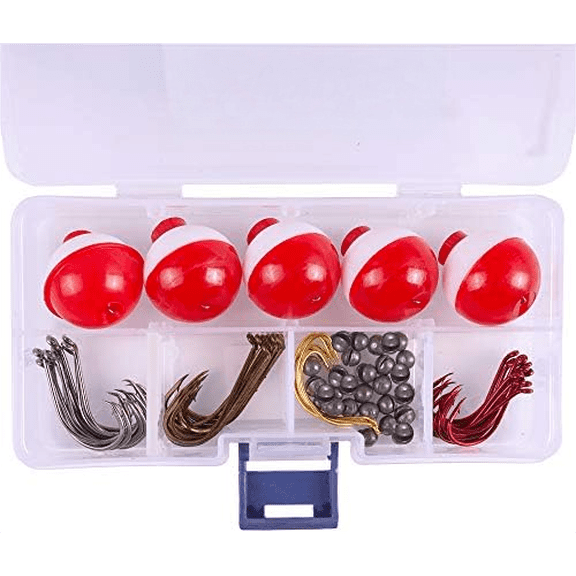 Fishing Tackle Kit Beginners Equipment 80 Pcs-Includes Fishing Hooks Bobbers Circle Octopus Hooks Sinkers| Starter Kit for Artificial and Live Baits (80-Pcs)
