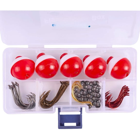 Fishing Tackle Kit Beginners Equipment 80 count-Includes Fishing Hooks Bobbers Circle Octopus Hooks Sinkers| Starter Kit for Artificial and Live Baits (80-Pcs)