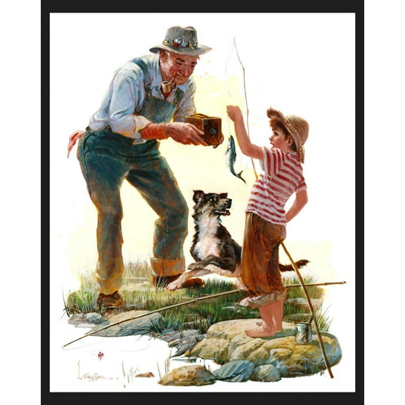 Fishing "Taking Picture of First Fish" Panel Cotton Fabric