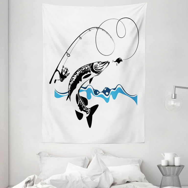 Fishing Tapestry, Big Pike Fish Catching Wobblers Reel Trap in River  Raptorial Predator Hunting Print, Wall Hanging for Bedroom Living Room Dorm