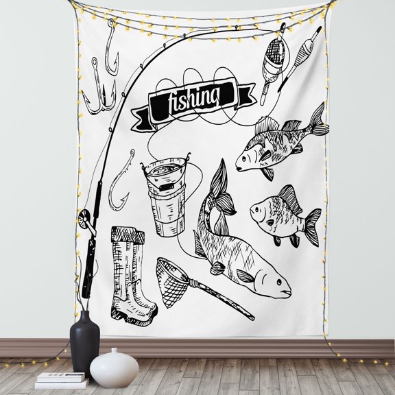 Fishing Tapestry, Hand Drawn Fishing Tools Set with Rod Salmon and Perch Bucket Net Float Ribbon, Wall Hanging for Bedroom Living Room Dorm Decor, 40W X 60L Inches, Black White, by Ambesonne