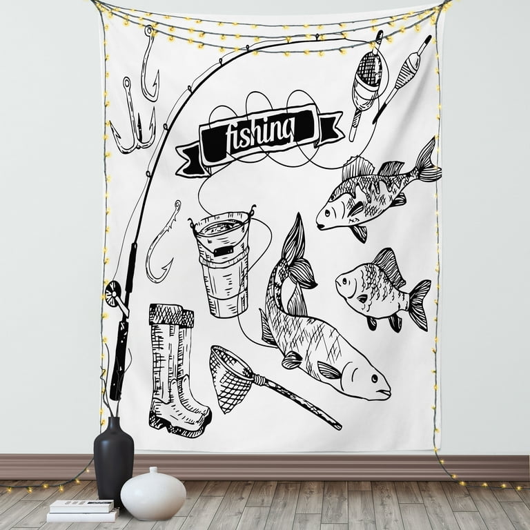 Fishing Tapestry, Hand Drawn Fishing Tools Set with Rod Salmon and Perch  Bucket Net Float Ribbon, Wall Hanging for Bedroom Living Room Dorm Decor,  60W X 80L Inches, Black White, by Ambesonne 