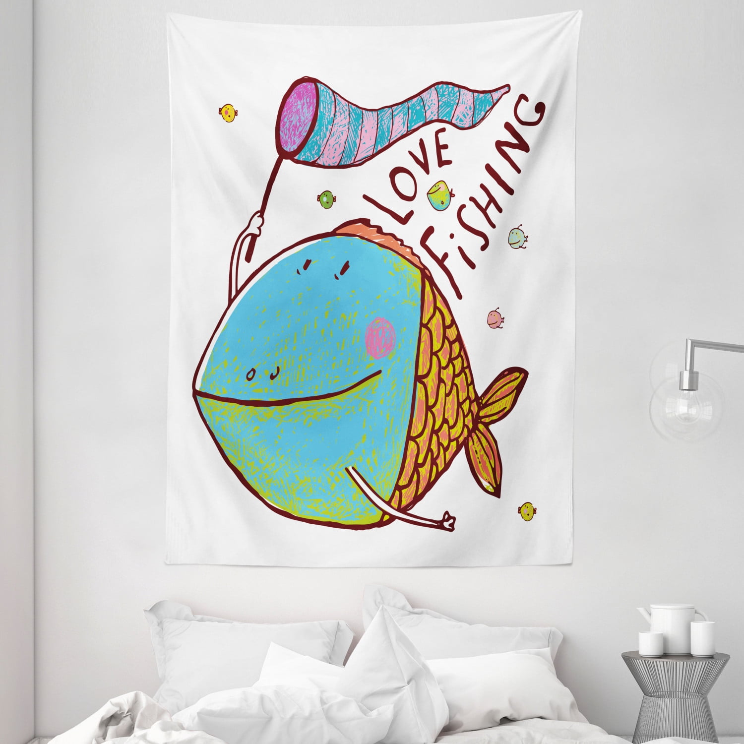 Fishing Tapestry, Kids Cute Large Fat Fish Holding a Flag with Love Quote  Humor Fun Nursery Theme, Wall Hanging for Bedroom Living Room Dorm Decor,  60W X 80L Inches, Multicolor, by Ambesonne 
