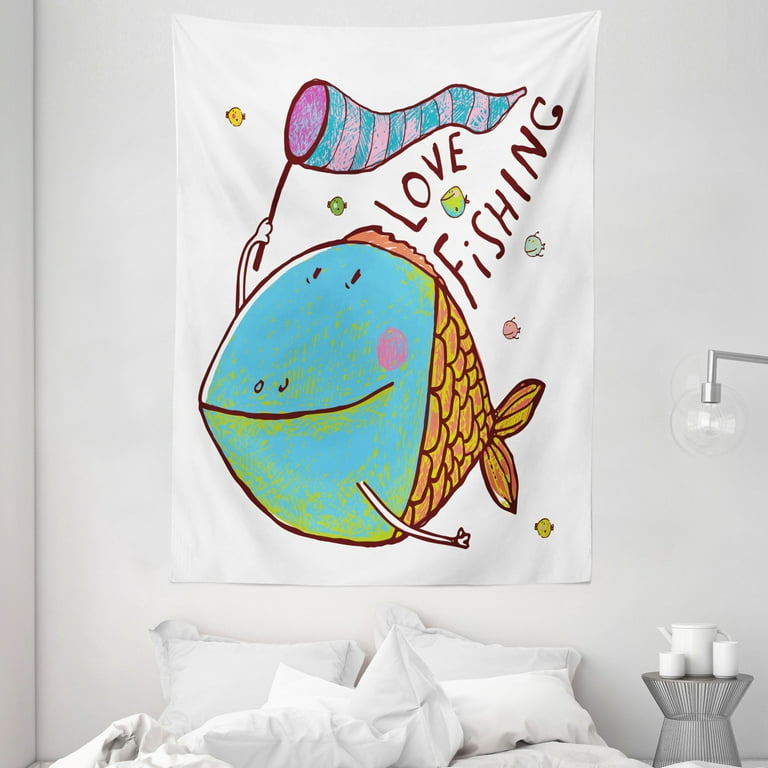 Fishing Tapestry, Kids Cute Large Fat Fish Holding a Flag with Love Quote  Humor Fun Nursery Theme, Wall Hanging for Bedroom Living Room Dorm Decor