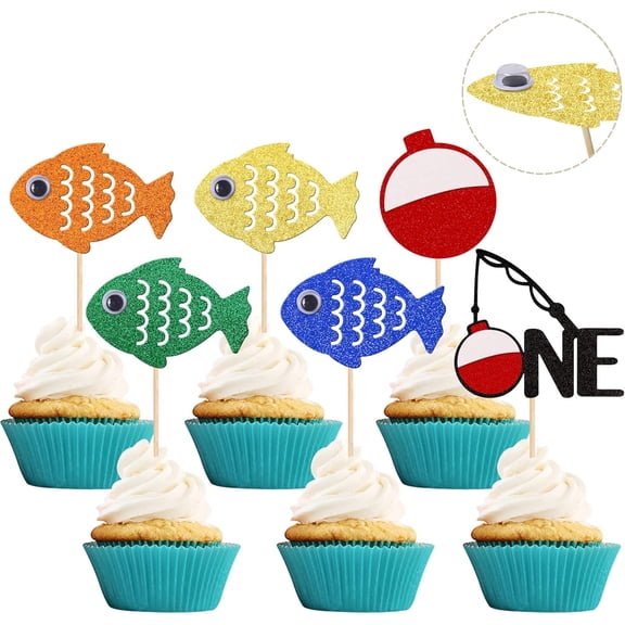 Fishing Theme 1st Birthday Cupcake Toppers, Glitter Fish, Rod, Float, One Picks, Gone Fishing Party Decorations, 12 PCS