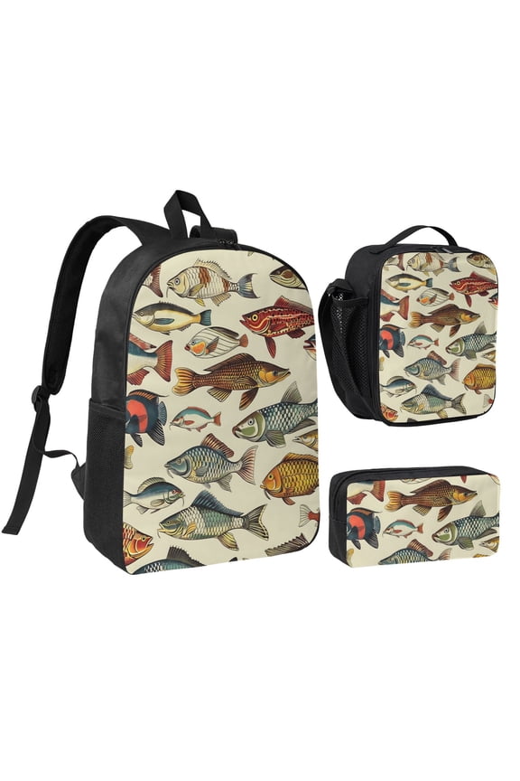 Fishing Theme Backpack Set 3pc ，Backpack with Lunch Bag and Bag 17 Inch