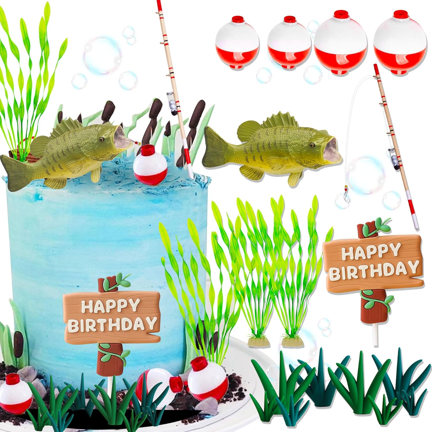 cake decoration fish and hook Gone Fishing Happy Birthday Topper Blue Glitter Little Fisherman Seaweed Cake Bobber Fish Man Fishery Pole Fisher Party Supplies for Kids Boys Man : Grocery & Gourmet are affected by background colors and lightning 8 Fish hook cake ideas