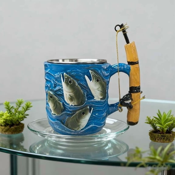 Fishing Theme Ceramic Mug with Stainless Steel Liner - Unique Coffee Mug for Anglers & Outdoor Enthusiasts, Fish & Mini Fishing Rod Handle Design, Durable Insulated Drinkware, 4.72*3.54in, Blue