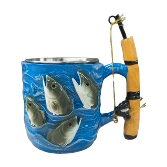 Fishing Theme Ceramic Mug with Fish Mini Fishing Rod Handle, Unique Coffee Mug for Anglers, Blue Ceramic with Stainless Steel Lining