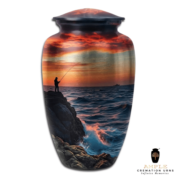 Fishing Theme Cremation Urn for Ashes Large Ocean Sunset Memorial Aluminum Urn 10 INCH