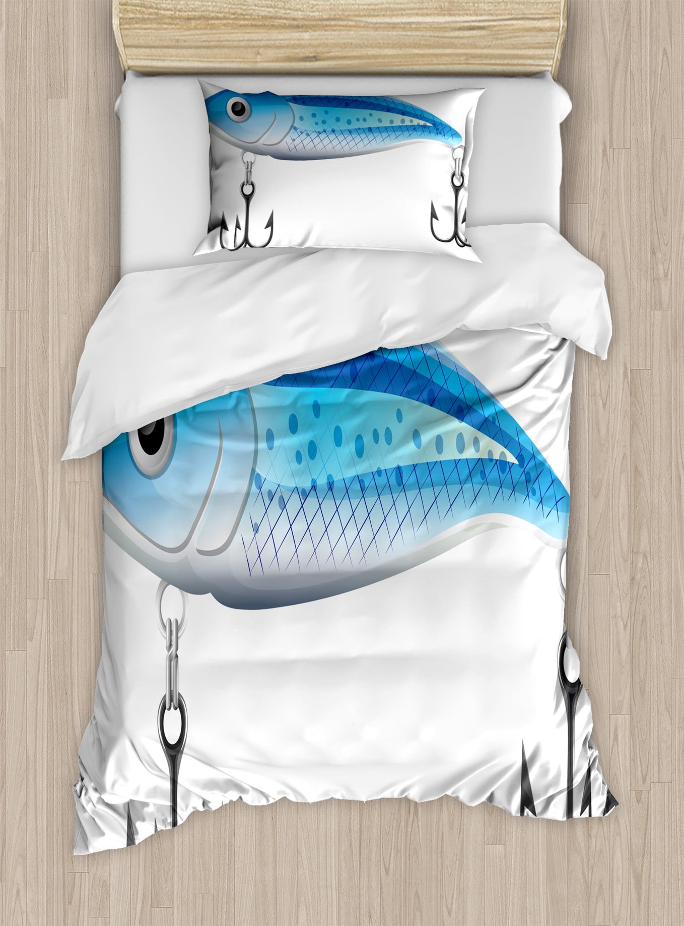 Fishing Theme Duvet Cover Set, Angling Elements with Artificial