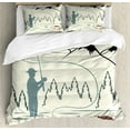 thumbnail image 1 of Fishing Theme Duvet Cover Set, Man Try to Catch Monster Fish in River with Mountains Sun and Trees, Decorative 3 Piece Bedding Set with 2 Pillow Shams, Queen Size, Ivory and Multicolor, by Ambesonne, 1 of 3