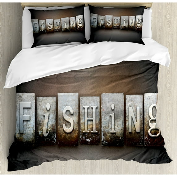 Fishing Theme Duvet Cover Set Queen Size, Nautical Concept with The Word Fishing Written in Vintage Letterpress Type, Decorative 3 Piece Bedding Set with 2 Pillow Shams, Multicolor, by Ambesonne