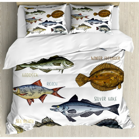 Fishing Theme Duvet Cover Set Queen Size, Various Fish Types Like Eel Tuna Haddock and Roach with Written Names, Decorative 3 Piece Bedding Set with 2 Pillow Shams, White Multicolor, by Ambesonne