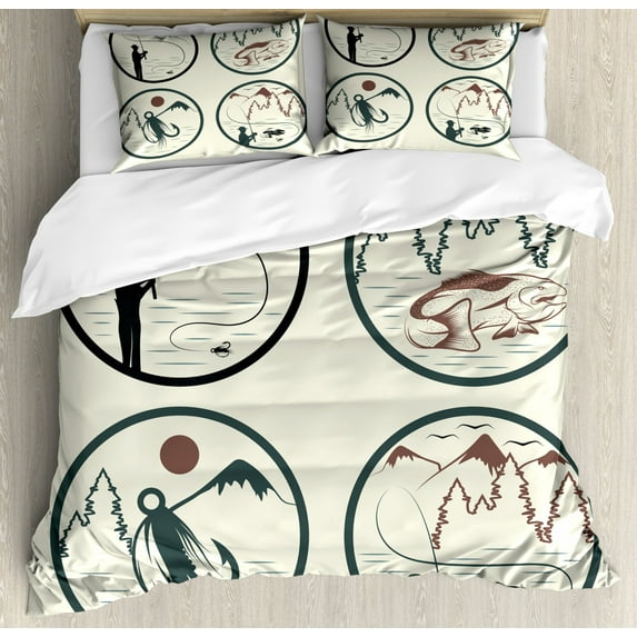 Fishing Theme Duvet Cover Set Queen Size, Vintage Portraits with Angling in the River from Valley Natural Art, Decorative 3 Piece Bedding Set with 2 Pillow Shams, Ivory and Multicolor, by Ambesonne