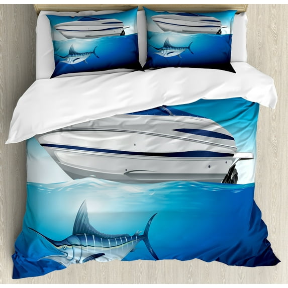 Fishing Theme Duvet Cover Set, Seascape from White Boat in the Ocean with Swimming Sword Fish, Decorative 3 Piece Bedding Set with 2 Pillow Shams, King Size, Sea Blue and Pale Grey, by Ambesonne