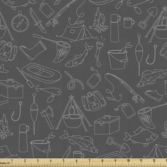 Ambesonne Fishing Theme Fabric by the Yard Upholstery, Hand Drawn Objects, 5 Yards, White and Grey