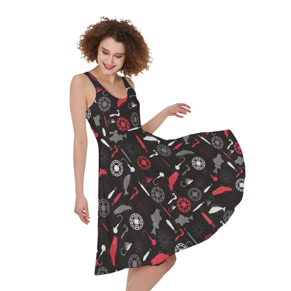 Fishing Theme Pattern Print Sleeveless Knee Length Dress Fish Fishing Fishing Theme Pattern Print Sleeveless Knee Length Dress Fish Fishing