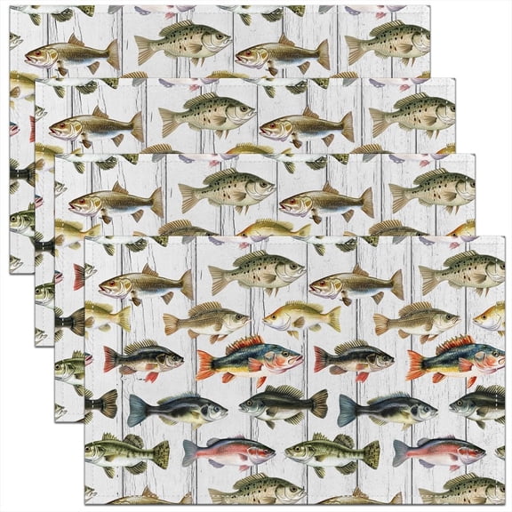 Fishing Theme Placemats 12x18 Inch Set of 4 Patchwork Wooden Stripes Rustic Style Kitchen Mats for Kids Teens Adults Green Bass Fish Lake Wild Animals Table Mats for Dining Table