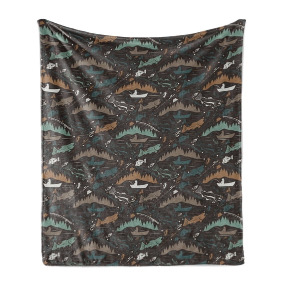 Fishing Theme Soft Flannel Fleece Blanket, Pattern of Nautical Elements with Fish Fisherman Lures Trees Rods, Cozy Plush for Indoor and Outdoor Use, 50" x 60", Dark Taupe Multicolor, by Ambesonne