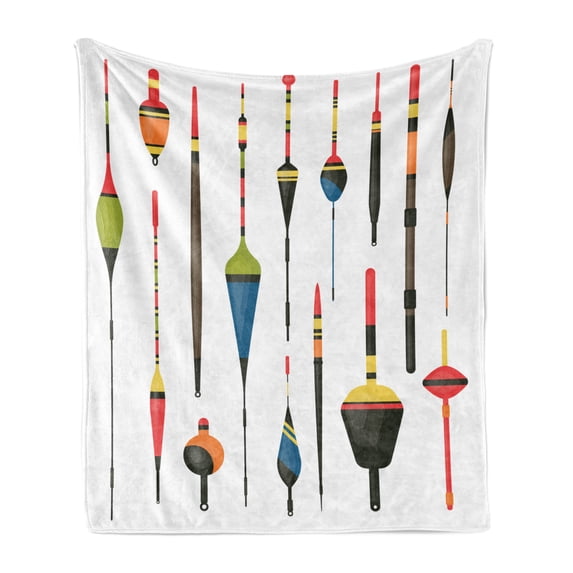 Fishing Theme Soft Flannel Fleece Throw Blanket, Colorful Fisherman Rods and Plastic Fish Baits on Plain Background Print, Cozy Plush for Indoor and Outdoor Use, 70" x 90", Multicolor, by Ambesonne
