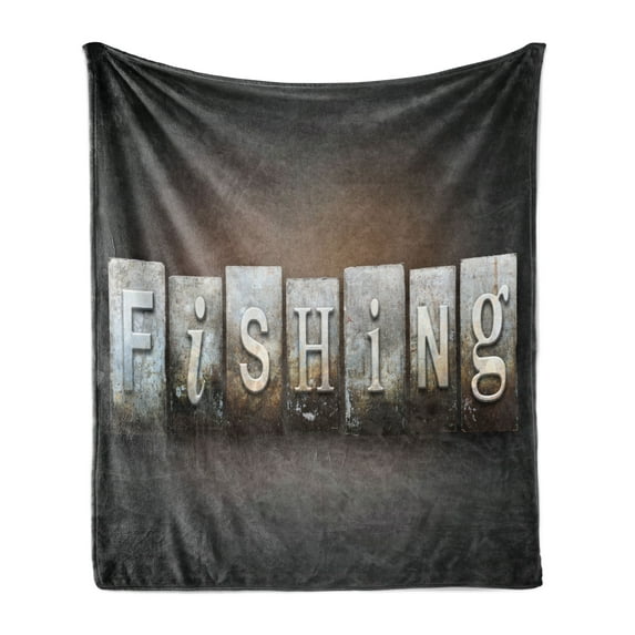 Fishing Theme Soft Flannel Fleece Throw Blanket, Nautical Concept with The Word Fishing Written in Vintage Letterpress Type, Cozy Plush for Indoor and Outdoor Use, 60" x 80", Multicolor, by Ambesonne