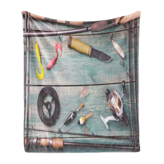 Fishing Theme Soft Flannel Fleece Throw Blanket, Photo of Rods Artificial Fish Baits on Wooden Table Image Nautical Print, Cozy Plush for Indoor and Outdoor Use, 50" x 60", Multicolor, by Ambesonne