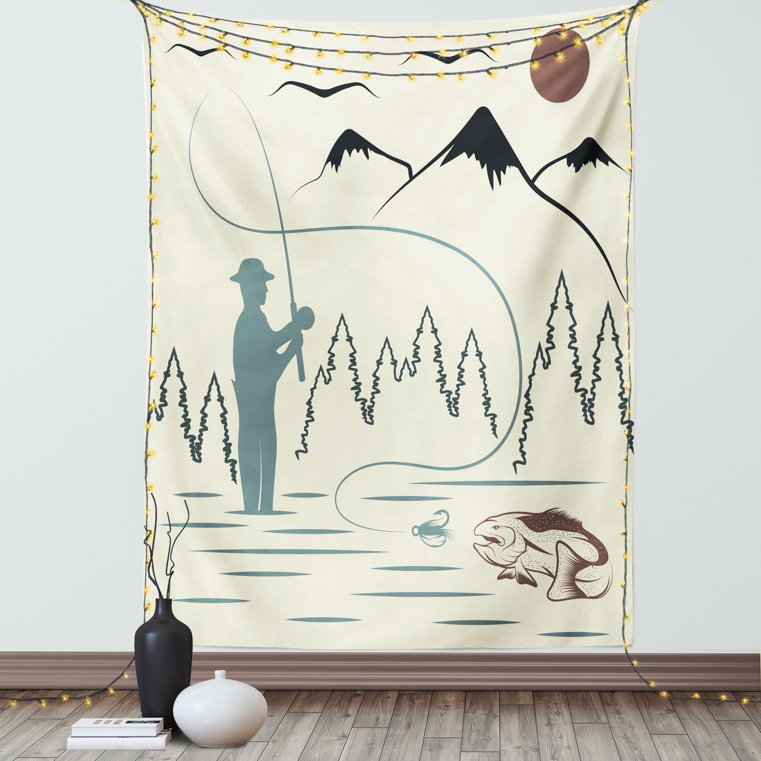 Fishing Theme Tapestry, Man Try to Catch Monster Fish in River with  Mountains Sun and Trees, Wall Hanging for Bedroom Living Room Dorm Decor,  60W X