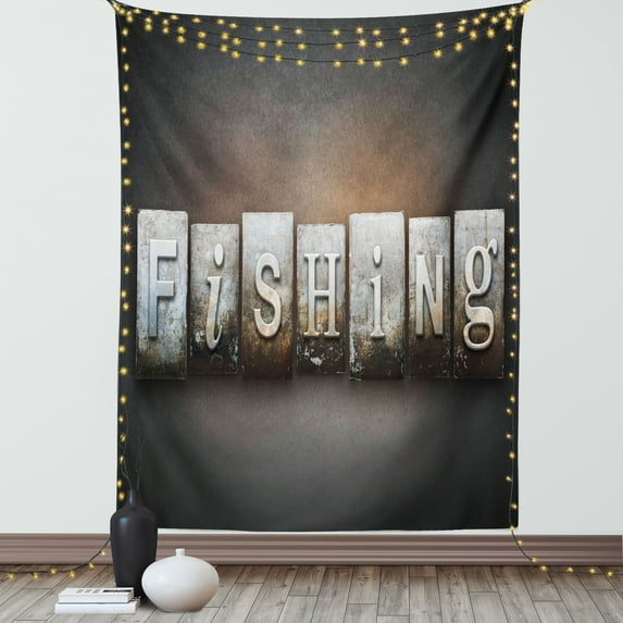 Fishing Theme Tapestry, Nautical Concept with The Word Fishing Written in Vintage Letterpress Type, Wall Hanging for Bedroom Living Room Dorm Decor, 40W X 60L Inches, Multicolor, by Ambesonne