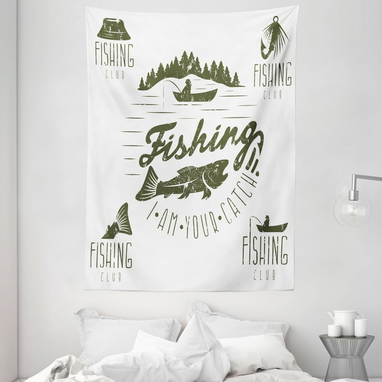 Fishing Theme Tapestry, Symbol of Angling Club I am Your Catch with Fish  Trees and Boat Images, Wall Hanging for Bedroom Living Room Dorm Decor, 60W  X 80L Inches, Army Green White