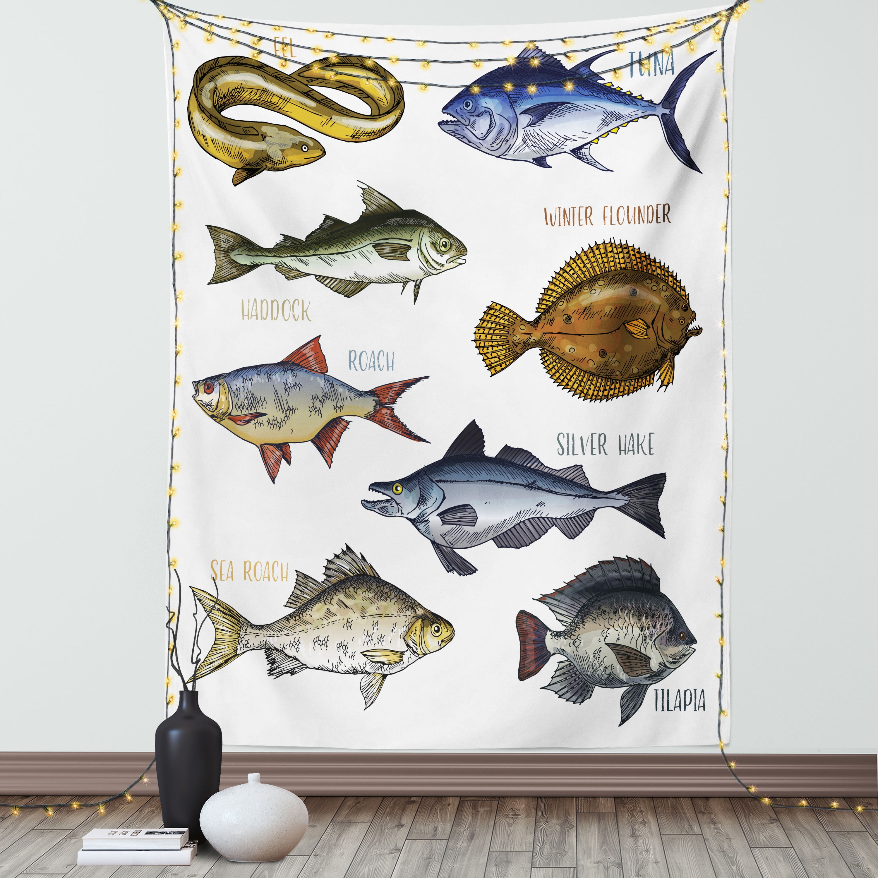 Fishing Theme Tapestry, Various Fish Types Like Eel Tuna Haddock and Roach  with Written Names, Wall Hanging for Bedroom Living Room Dorm Decor, 40W X  60L Inches, White Multicolor, by Ambesonne 