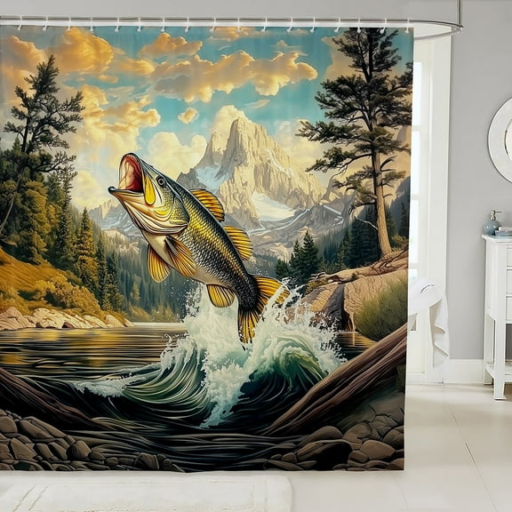 Fishing Theme Waterproof Shower Curtains,Lake House Shower Curtain,Bass Fish Modern Bathroom Accessories,Machine Washable,72" X 78"