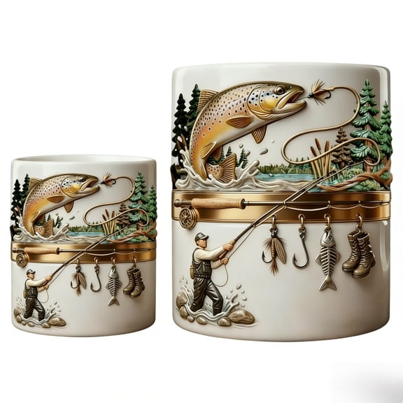 Fishing Themed 3D Relief Ceramic Mug - Embossed Trout Fisherman Coffee Cup for Home/Office/Cabin Decor, Creative Gift for Men/Dad/Outdoors Enthusiasts,2PCS(2 Size)