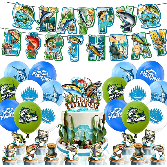 Fishing Themed Birthday Party Decorations Deluxe Set, Complete Party Supplies Kit with Happy Birthday Banner, Large & Cupcake Toppers, 16 Celebration Balloons for Birthday Celebrations