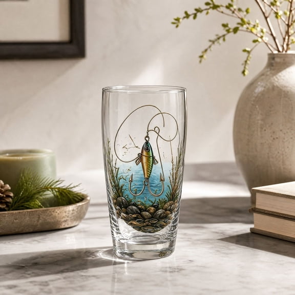 Fishing Themed Pint Glass, Vintage Cabin Trout Catfish Artwork Glass, Outdoor Angler Gift for Men Fisherman