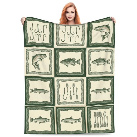Fishing Throw Blanket, Cute Fish Pattern Blanket, Soft Cozy Warm Flannel Throw, Fishing Gifts for Men Women, Sofa Couch Bed Travel 50x40