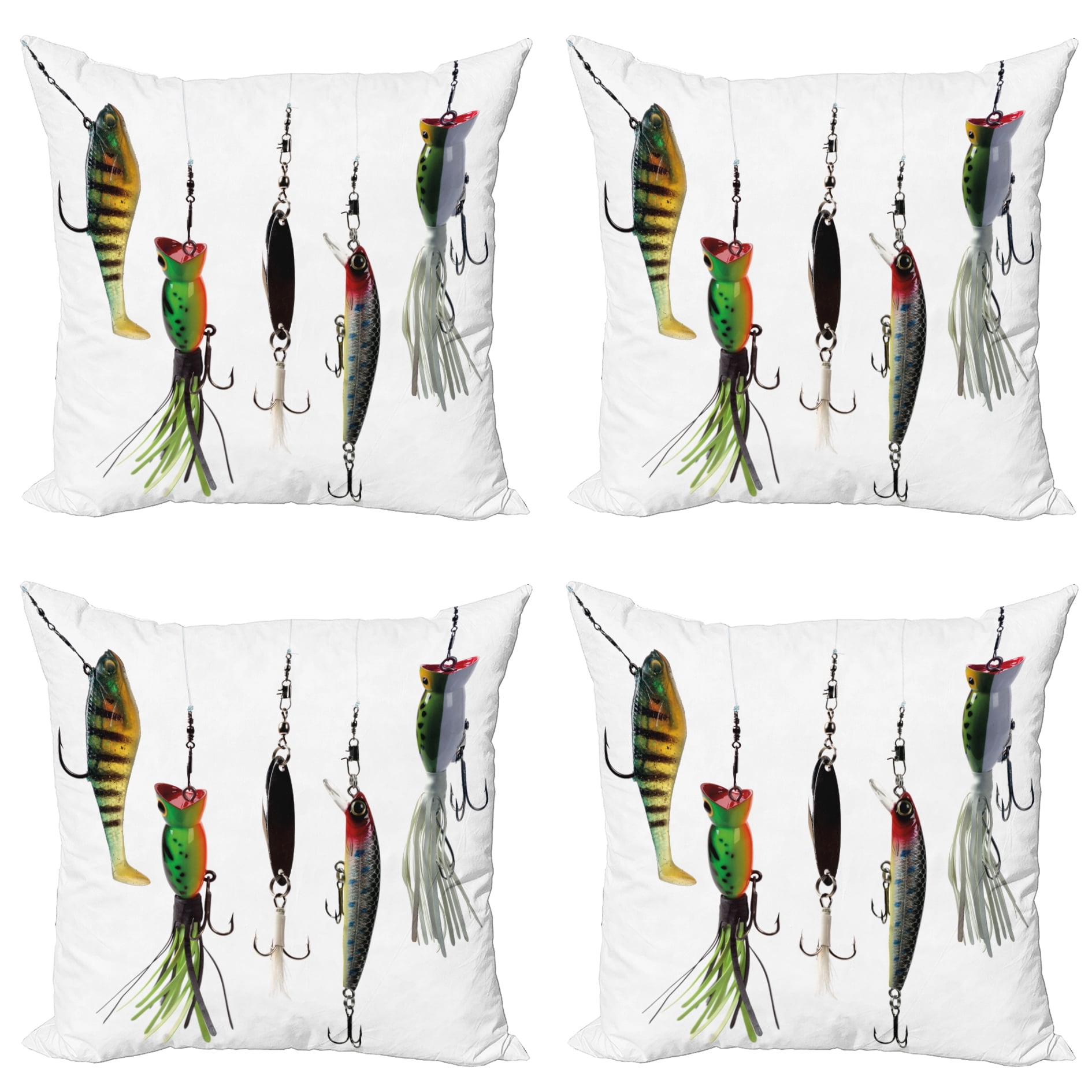 Fishing Throw Pillow Cushion Case Pack of 4, Various Type of Fishing Baits Hobby Leisure